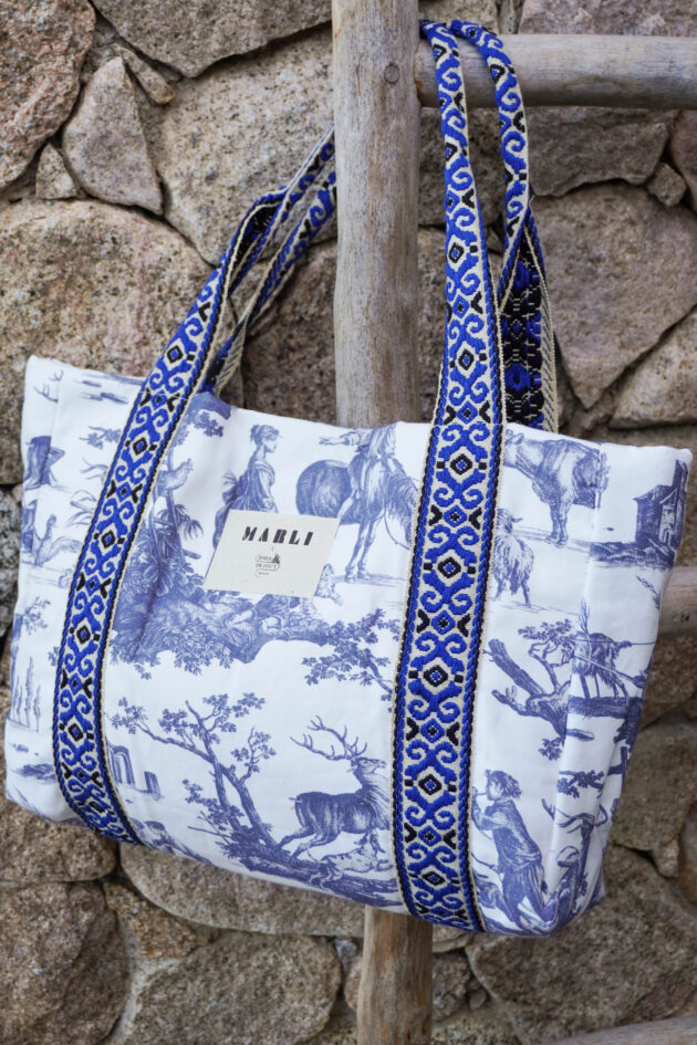 Précommande Cabas Carré Alice Toile de Jouy bleu gris – Image 3