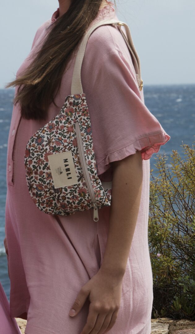 Sac banane mini Emilie - Toile de jouy fleuri rose et vert