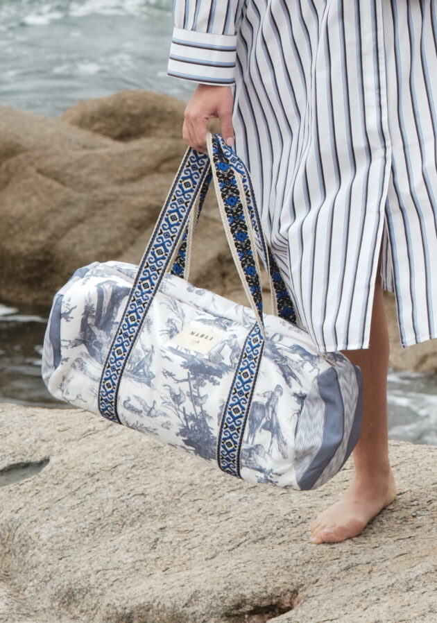 Sac Polochon dim toile de jouy bleu gris