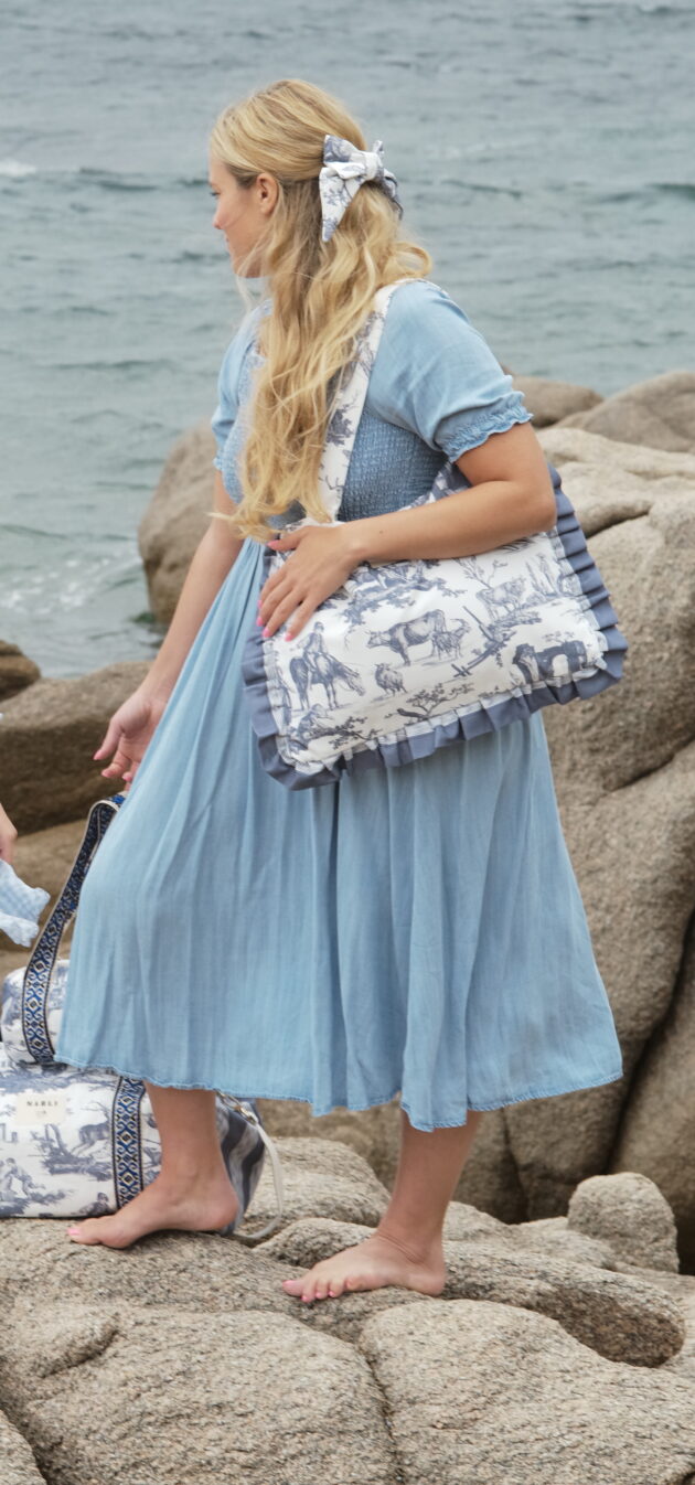 Grand nœud barette lili toile de jouy bleu gris – Image 3
