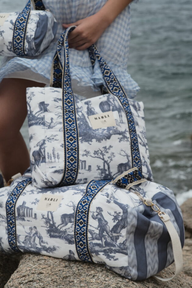 Précommande Cabas Carré Alice Toile de Jouy bleu gris