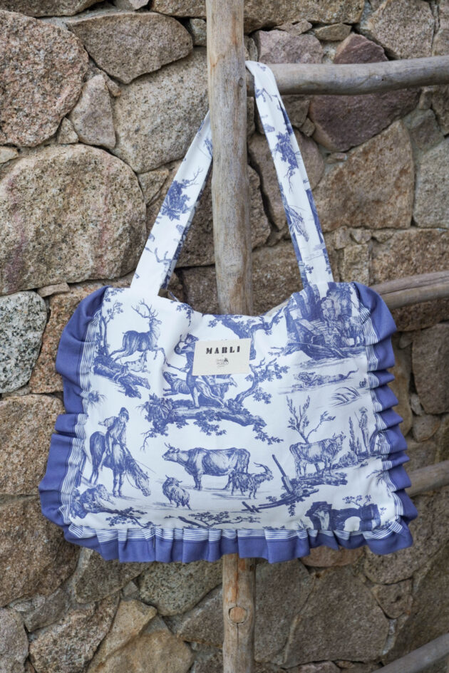 Cabas froufrou Olga Toile de Jouy bleu gris – Image 2
