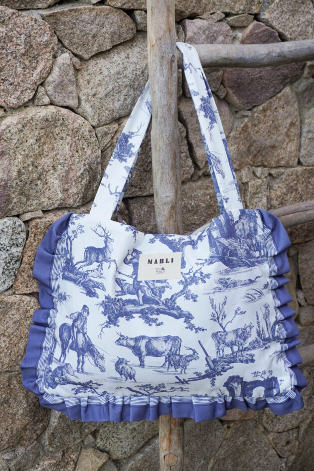 Cabas froufrou Olga Toile de Jouy bleu gris