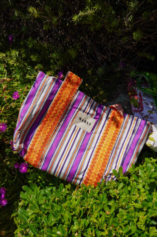 Cabas carré Celine rayé orange blanc et violet