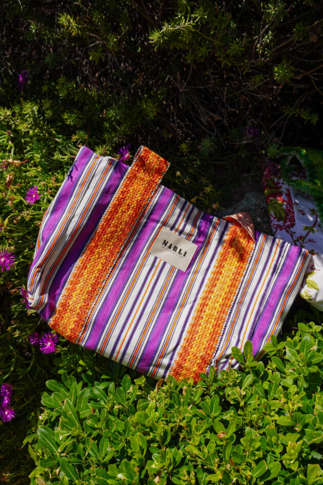 Cabas carré Celine rayé orange blanc et violet