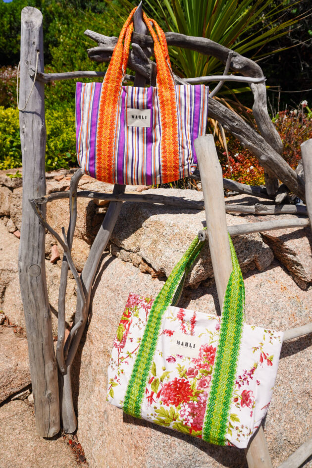 Cabas carré Celine rayé orange blanc et violet – Image 2