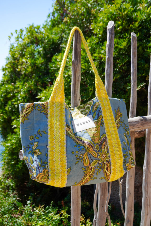 Cabas carré vert d'eau et jaune citron