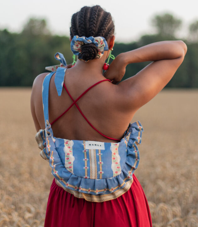 Sac banane froufrou paloma fleuri denim et rouge