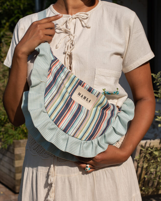 Sac banane froufrou paloma bicolore rayure multi et froufrou bleu ciel