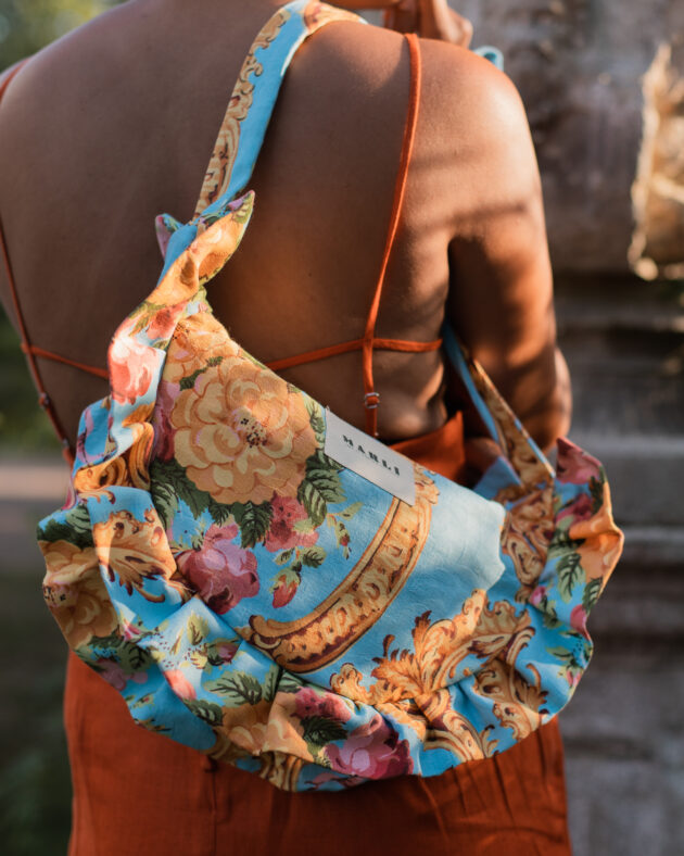 Sac banane froufrou paloma Fleuri baroque bleu ciel et bronze