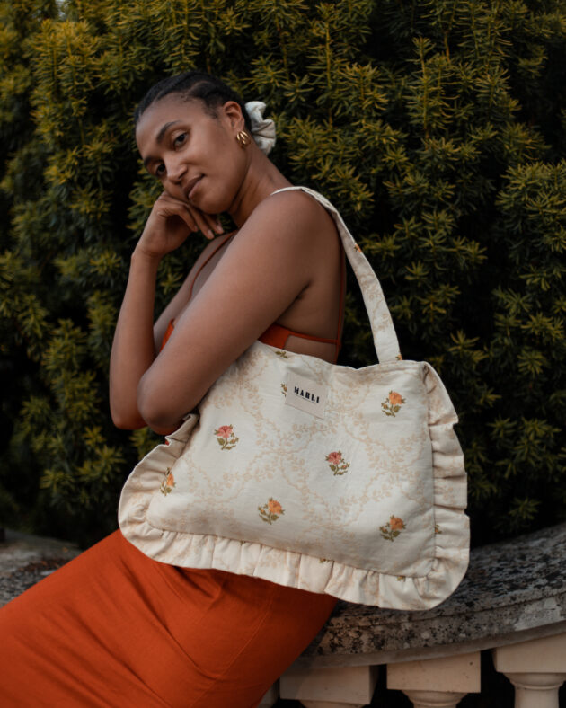 Cabas froufrou Emma carreau petite fleur baroque écru et orange