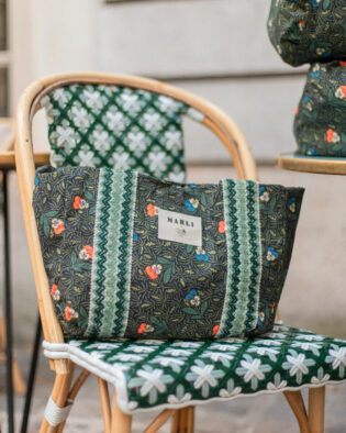 Cabas Carré alice Toile de Jouy fleuri noir et vert