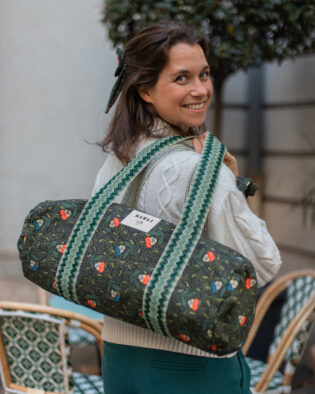 Sac Polochon dim toile de jouy fleuri noir et vert