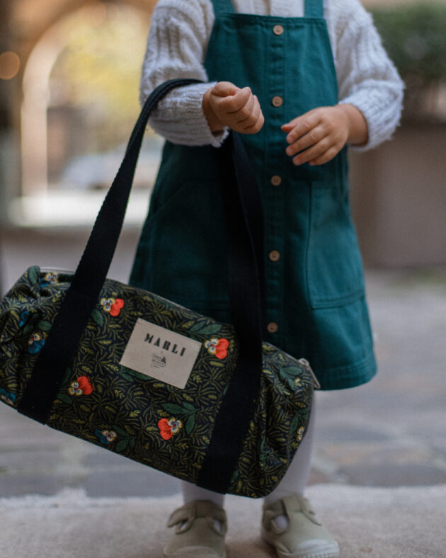 Sac Polochon mini Dima Toile de Jouy fleuri noir et vert – Image 3