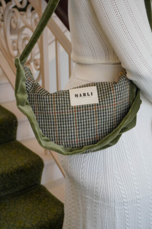 Sac banane angela pied de poule kaki beige et orange et froufrou velours vert