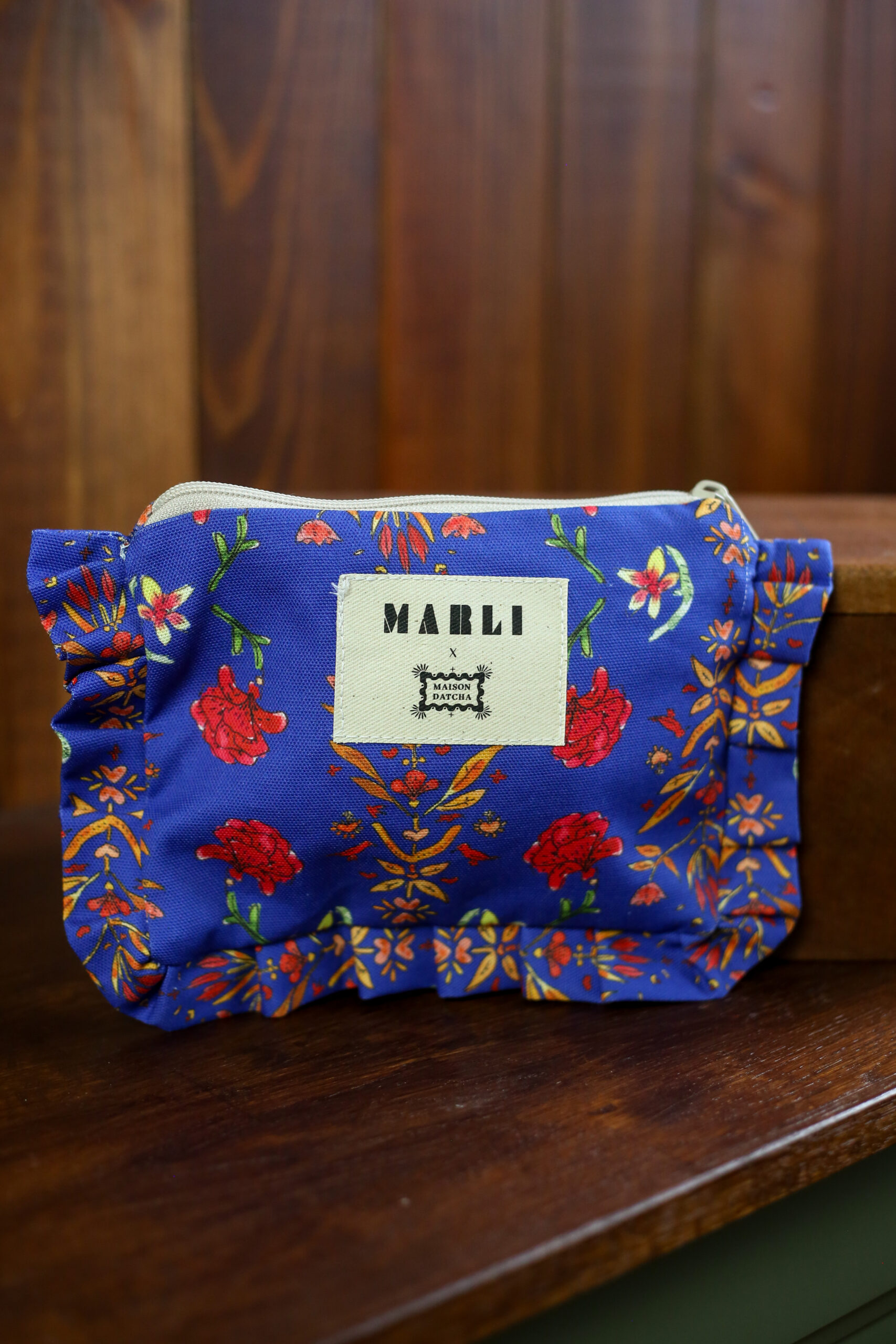 Trousse froufrou sofia - Motif fleuri bleu indigo