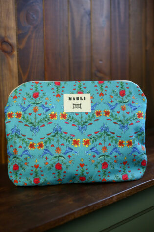 Pochette ordinateur Valentina  - Motif oiseaux bleu canard