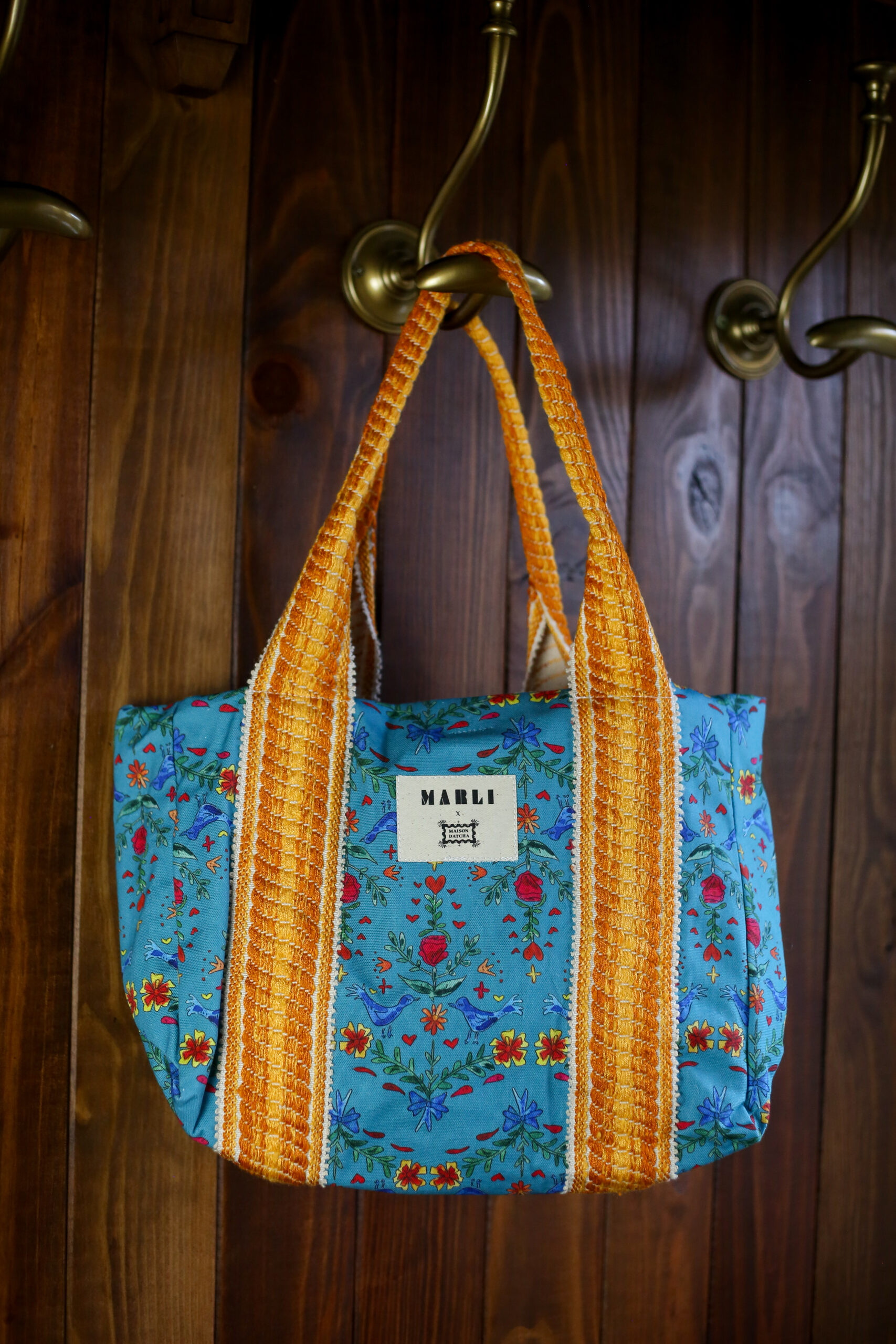 Cabas carré Marina - Motif oiseaux bleu canard