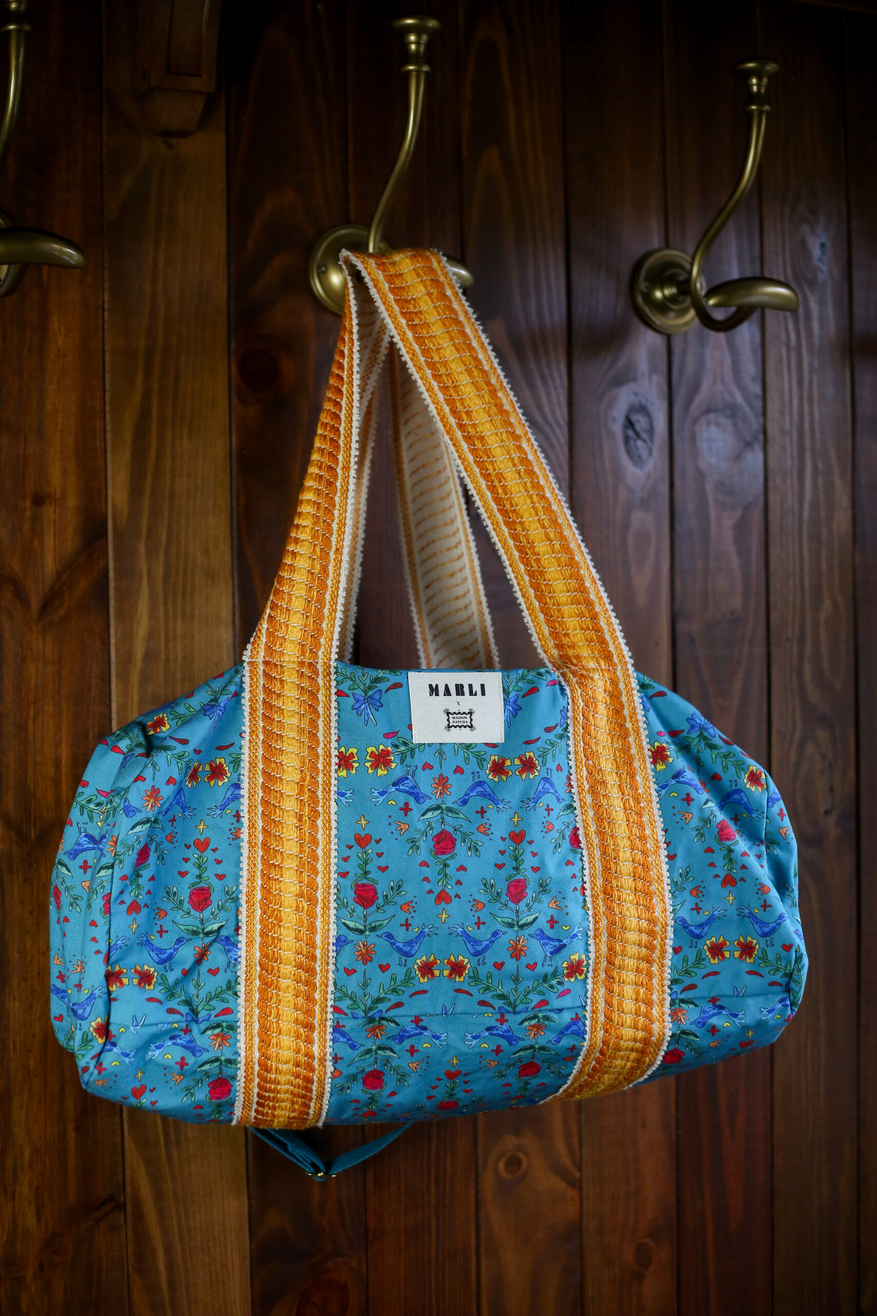 Sac polochon maxi Nikolai - Motif oiseaux bleu canard
