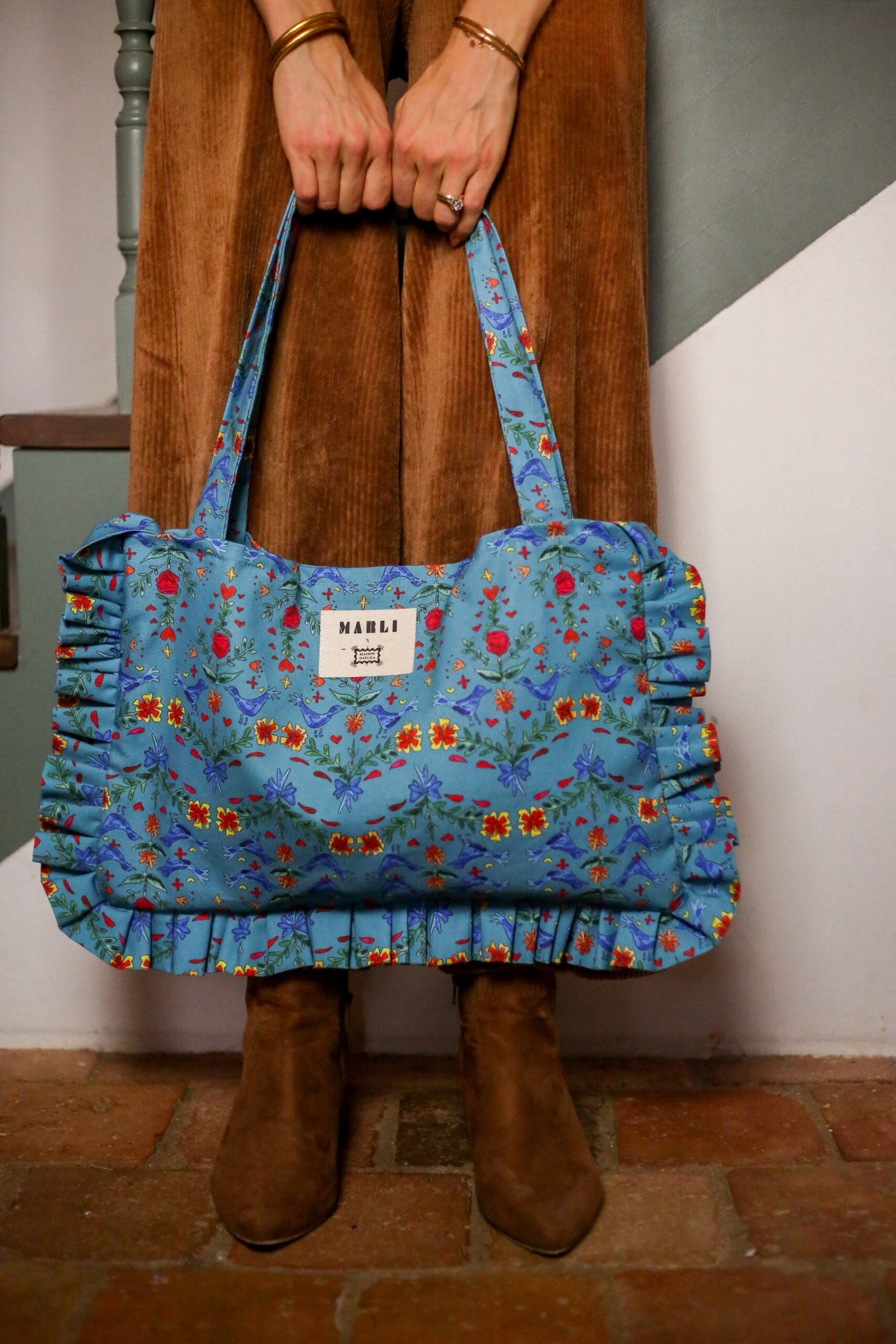 Cabas froufrou Anastasia - Motif oiseaux bleu canard