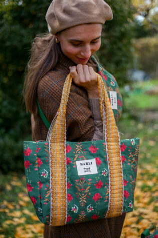 Cabas carré Marina - Motif fleuri vert sapin