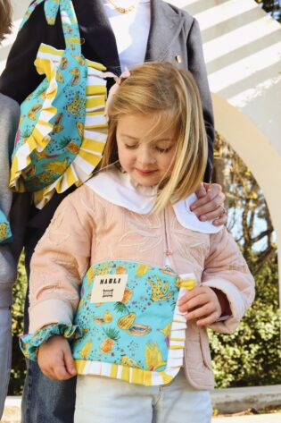 Trousse froufrou Camila - Motif Fruits Tropicaux fond turquoise