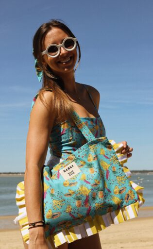 Cabas froufrou Tiago - Motif fruits tropicaux fond turquoise