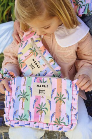 Trousse froufrou Camila - Motif Perroquets et Palmiers fond multicolore