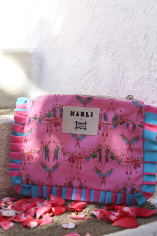 Trousse froufrou Camila - Motif Bikini et Perroquets fond rose